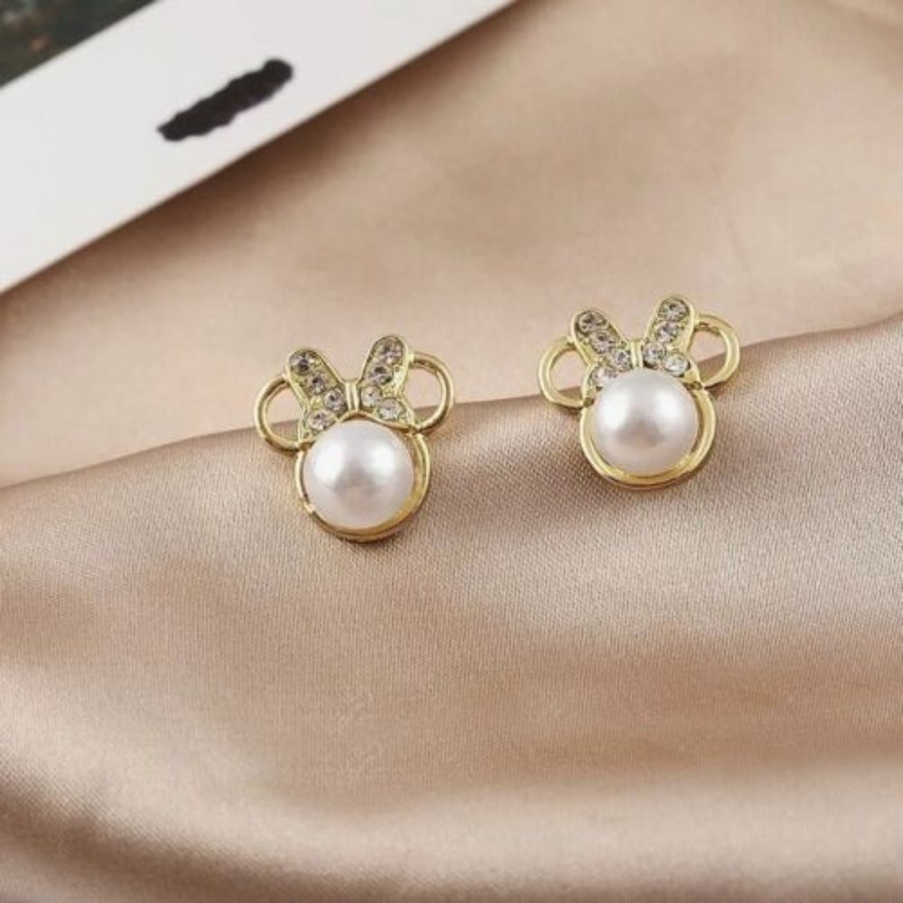 Sterling Silver Gold Coated Minnie Mouse Pearl Stud Earrings